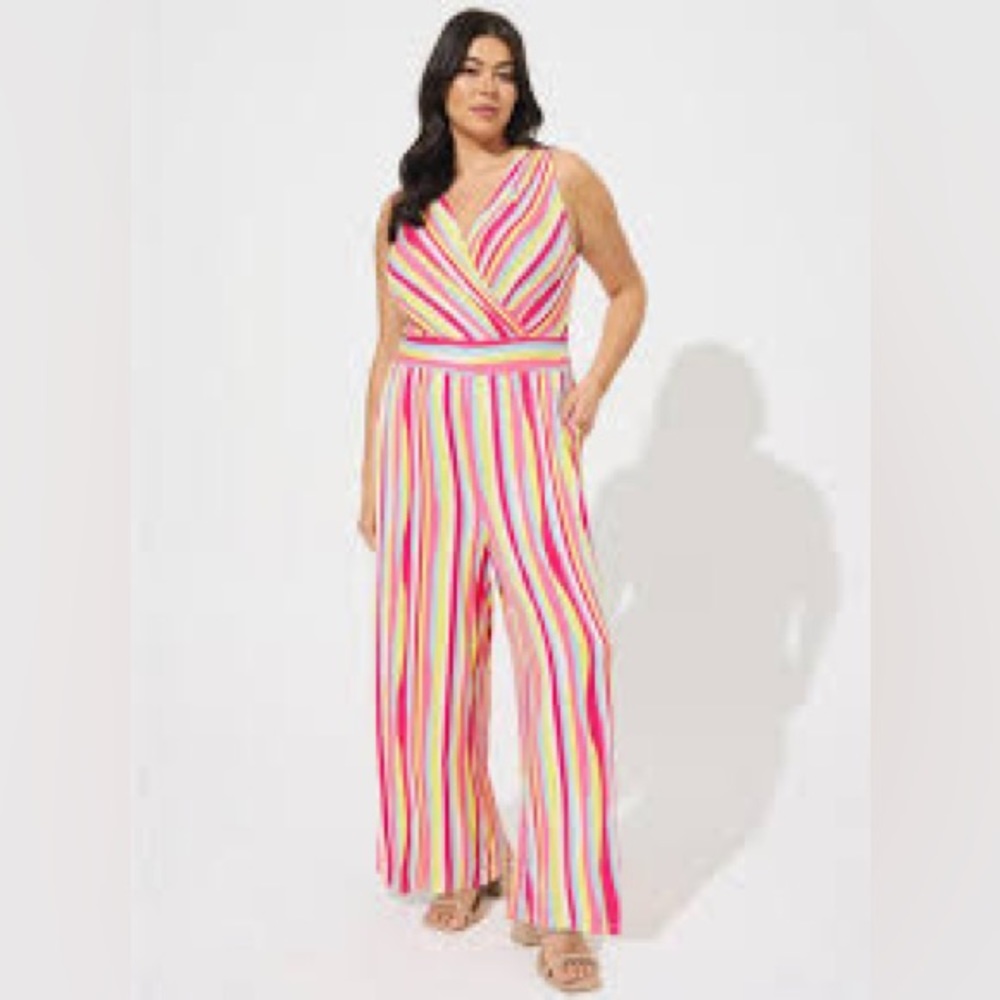 Super Soft Surplice Jumpsuit Torrid, Stripe Ivory w/ pink & yellow, very Barbie